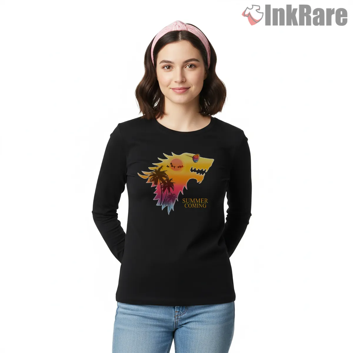 Summer Is Coming Tropical Direwolf Sunset Long Sleeve Black Summer Is Coming Tropical Direwolf Sunset Shirt on black long sleeve shirt for women graphic tee