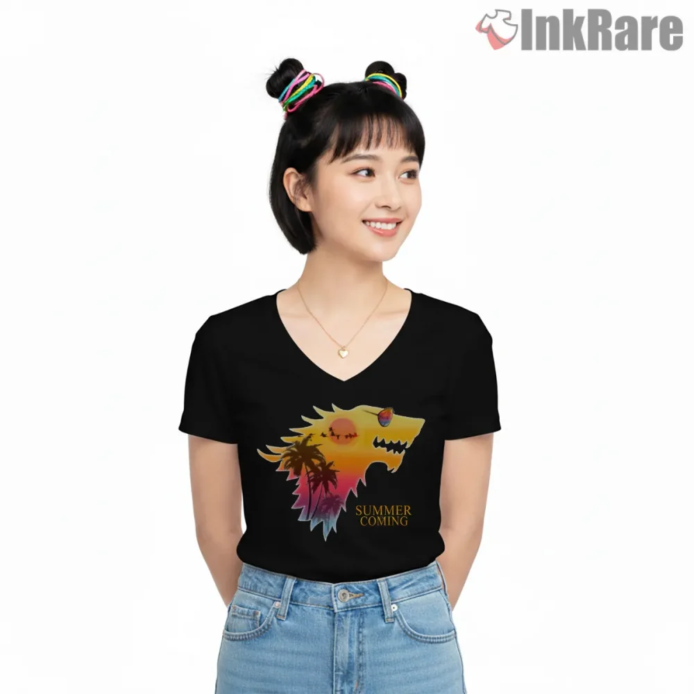 Summer Is Coming Tropical Direwolf Sunset Shirt on black v-neck shirt for women graphic tee