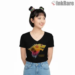 Summer Is Coming Tropical Direwolf Sunset Shirt on black v-neck shirt for women graphic tee