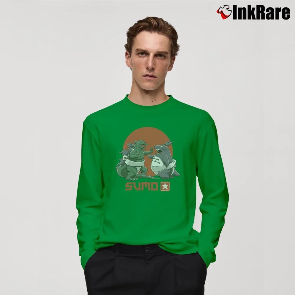 Men’s Sumo Pop Godzilla Totoro Mashup Long-Sleeve Shirt in irish green | Sleek, Lightweight, Year-Round Wear