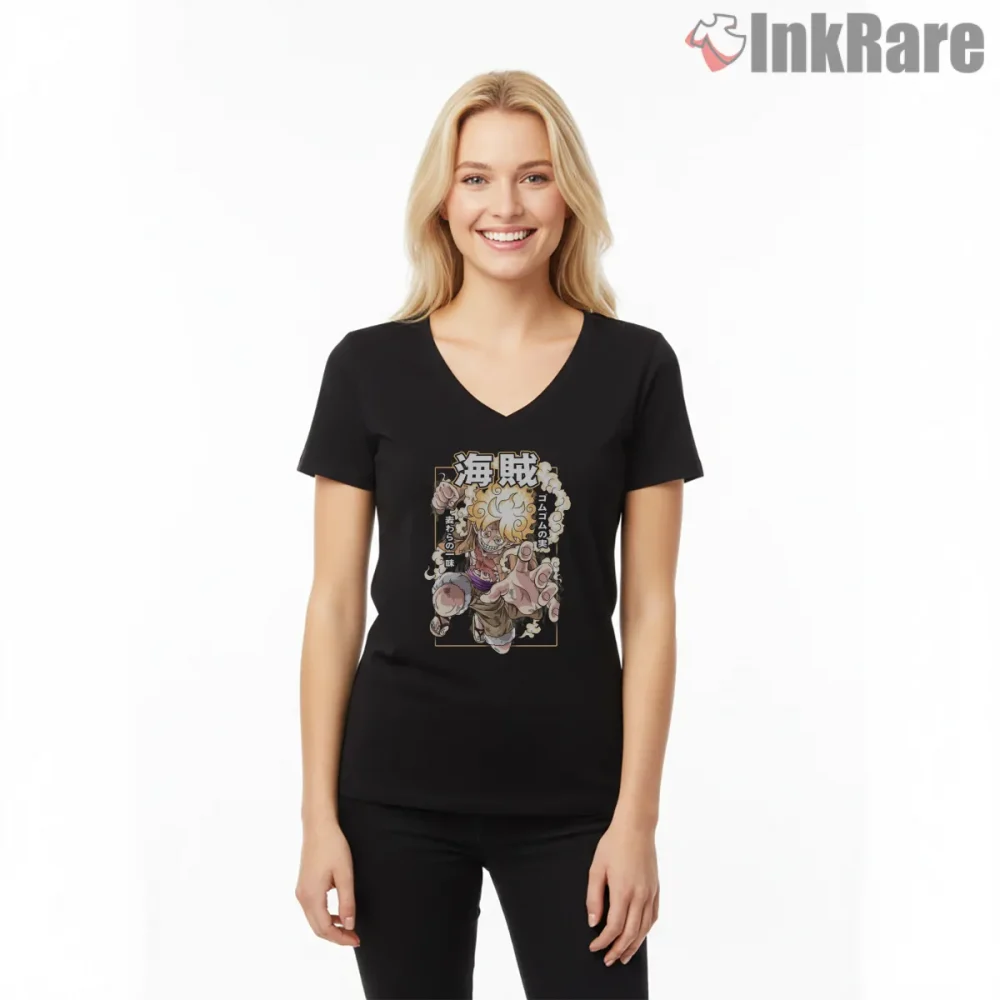 Sun God Nika Luffy Gear Five Awakening Anime Shirt on black v-neck shirt for women graphic tee