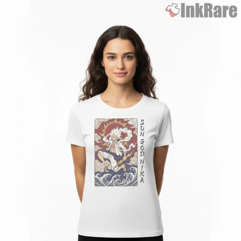 Sun God Nika Luffy Mythic Awakening Anime Shirt on white short sleeve shirt for women graphic tee