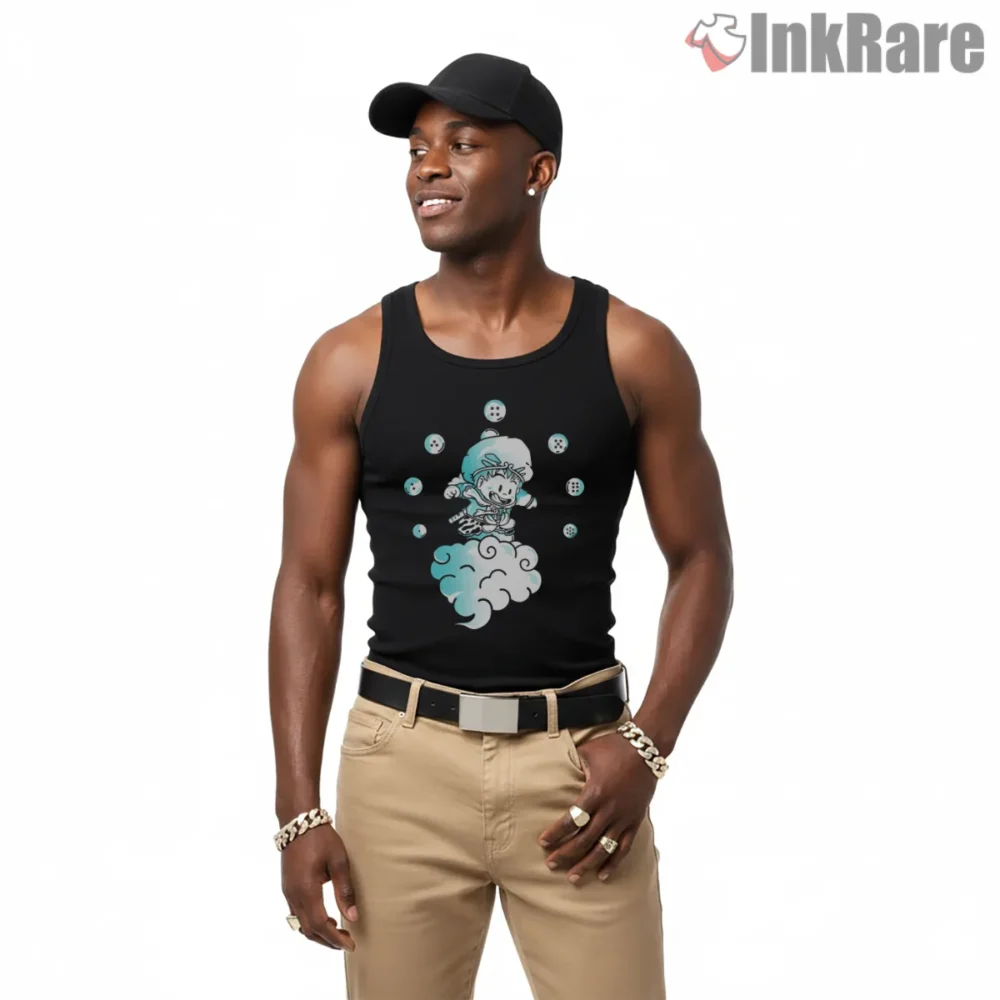 Sun Wukong Flying Nimbus Playful Cloud Shirt on black tank top for men graphic tee