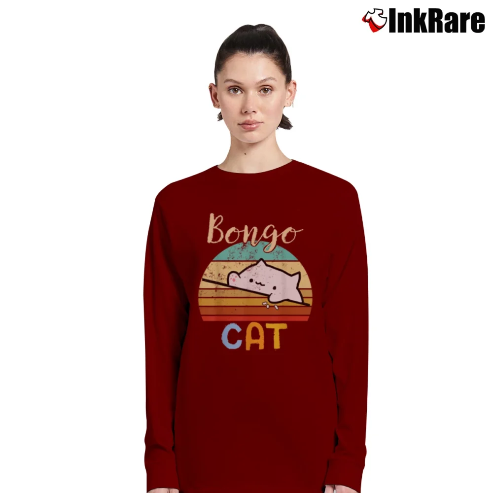 Women’s Sunset Bongo Cat Gamer Meme Long-Sleeve Top in maroon | Sleek, Versatile, All-Season