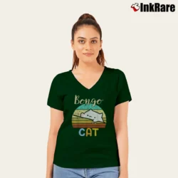 Women’s Sunset Bongo Cat Gamer Meme V-Neck Tee in forest green | Chic Neckline, Soft Texture