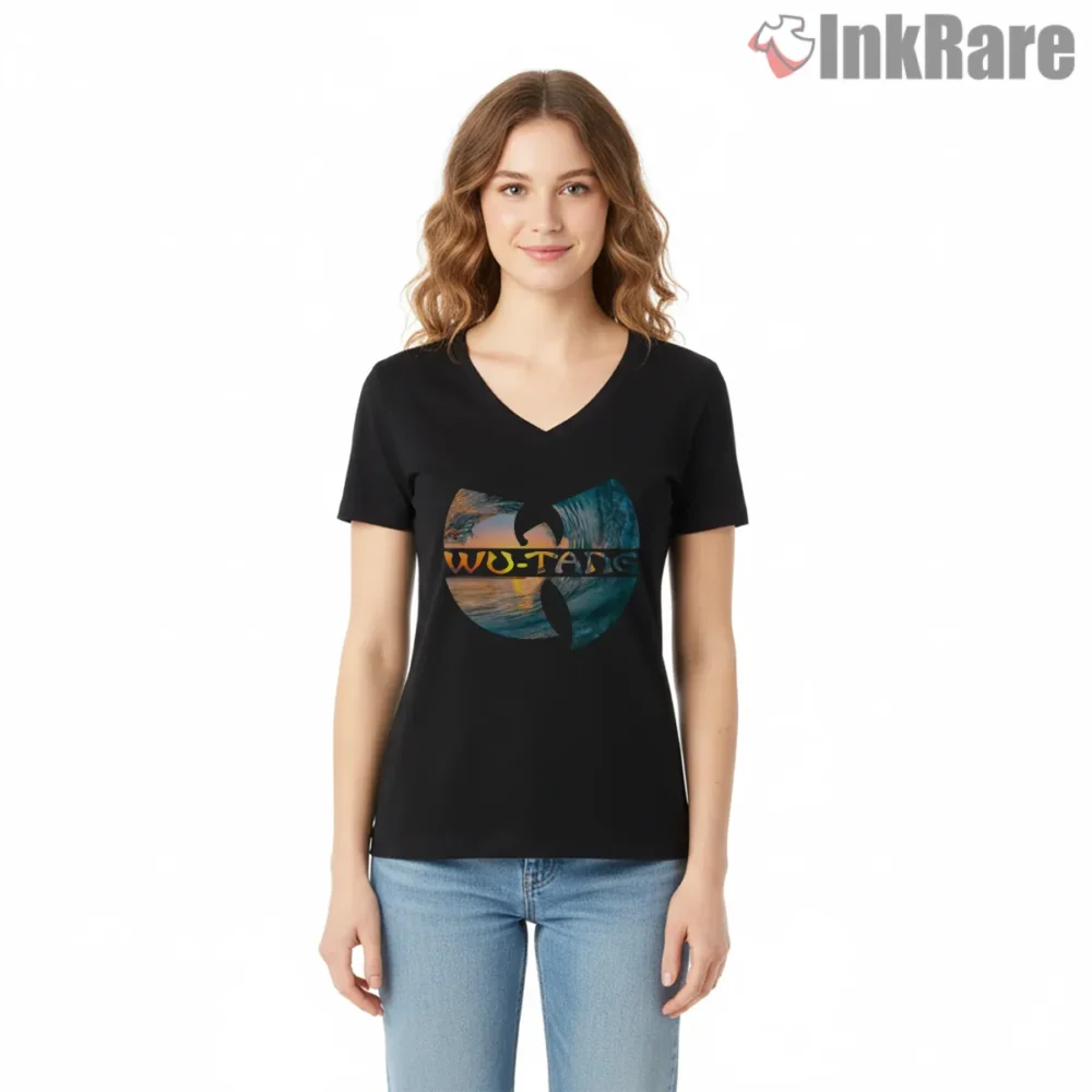 Sunset Ocean View Wu Tang Vintage Shirt on black v-neck shirt for women graphic tee