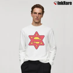 Men’s Super Jew Superman Inspired Jewish Pride Long-Sleeve Shirt in white | Sleek, Lightweight, Year-Round Wear