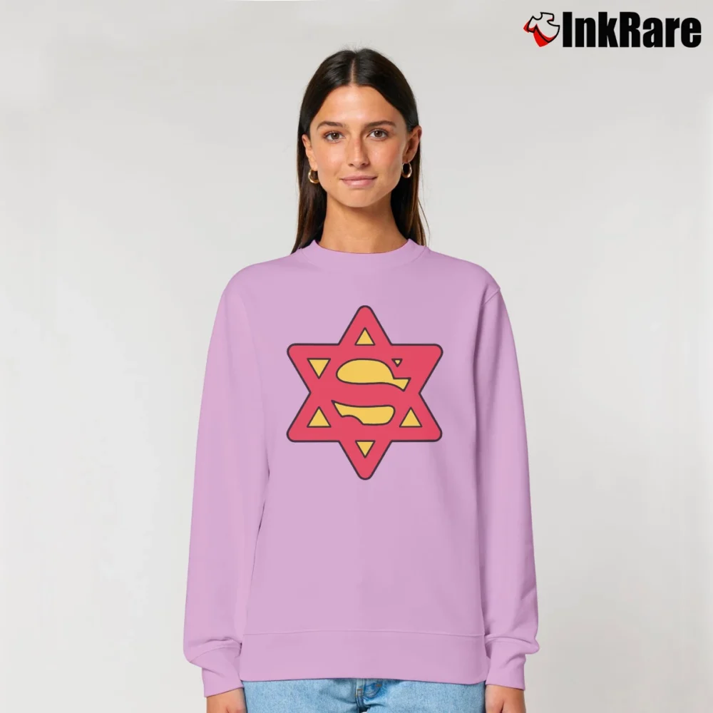Women’s Super Jew Superman Inspired Jewish Pride Relaxed Sweatshirt in light pink | Soft, Laid-Back Vibe