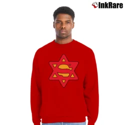 Men’s Super Jew Superman Inspired Jewish Pride Crewneck Sweatshirt in red | Cozy Fabric, Clean Style