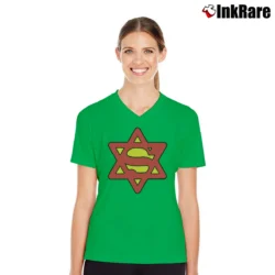 Women’s Super Jew Superman Inspired Jewish Pride V-Neck Tee in irish green | Chic Neckline, Soft Texture