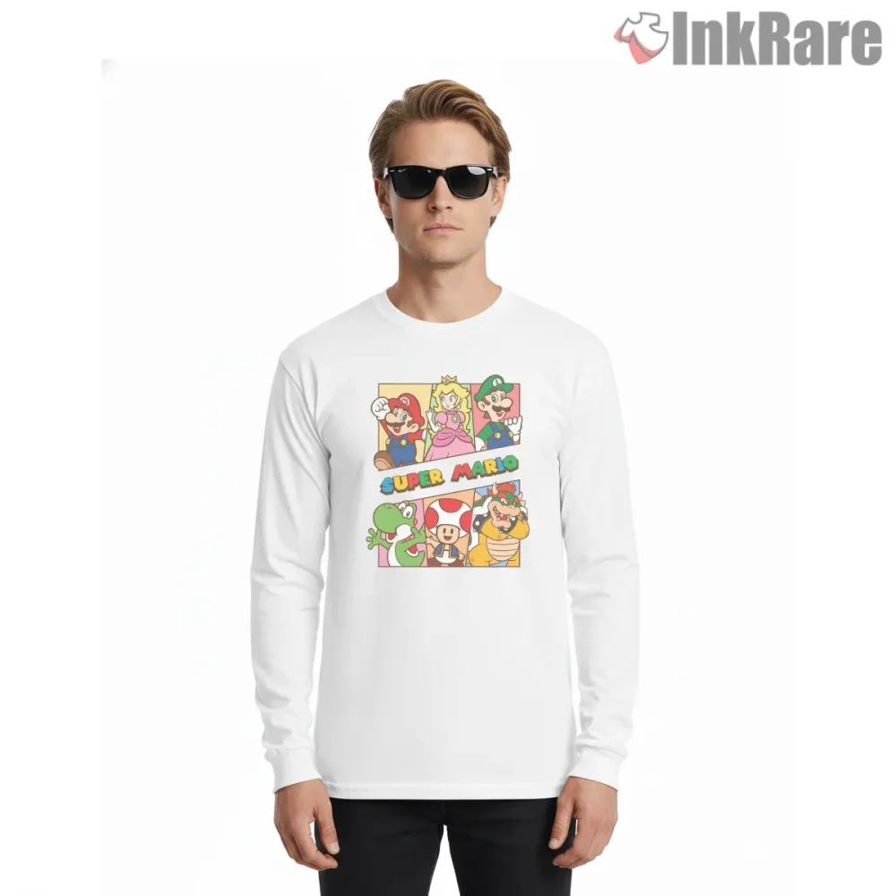 Super Mario All Characters Classic Cartoon Collage Shirt on white long sleeve shirt for men graphic tee