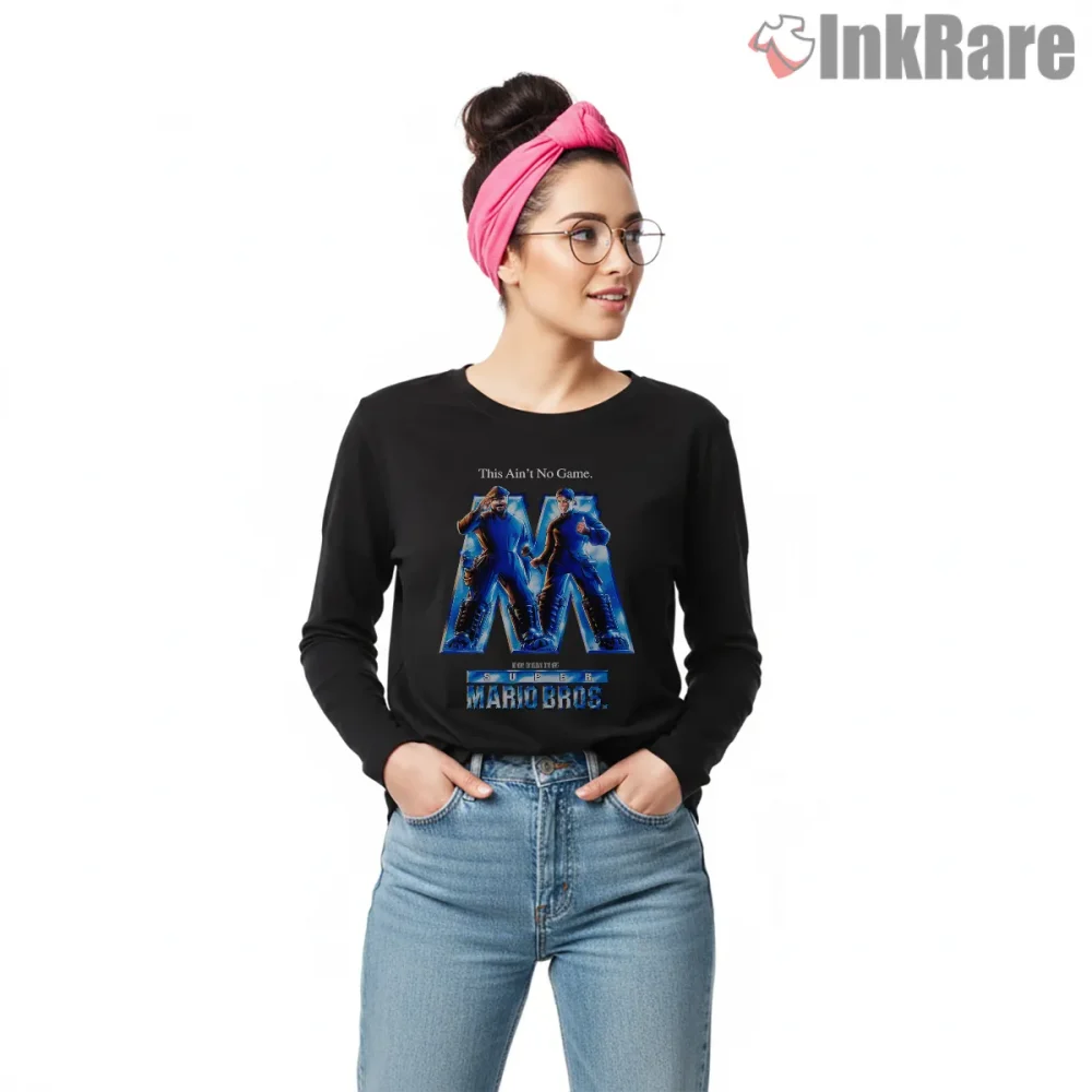 Super Mario Bros Movie Neon Retro Poster Shirt on black long sleeve shirt for women graphic tee