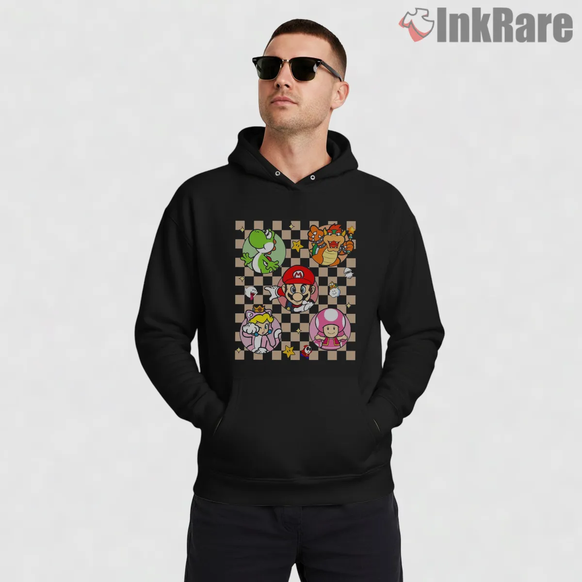 Super Mario Epic Universe Character Grid Retro Shirt on black hoodie for men graphic tee
