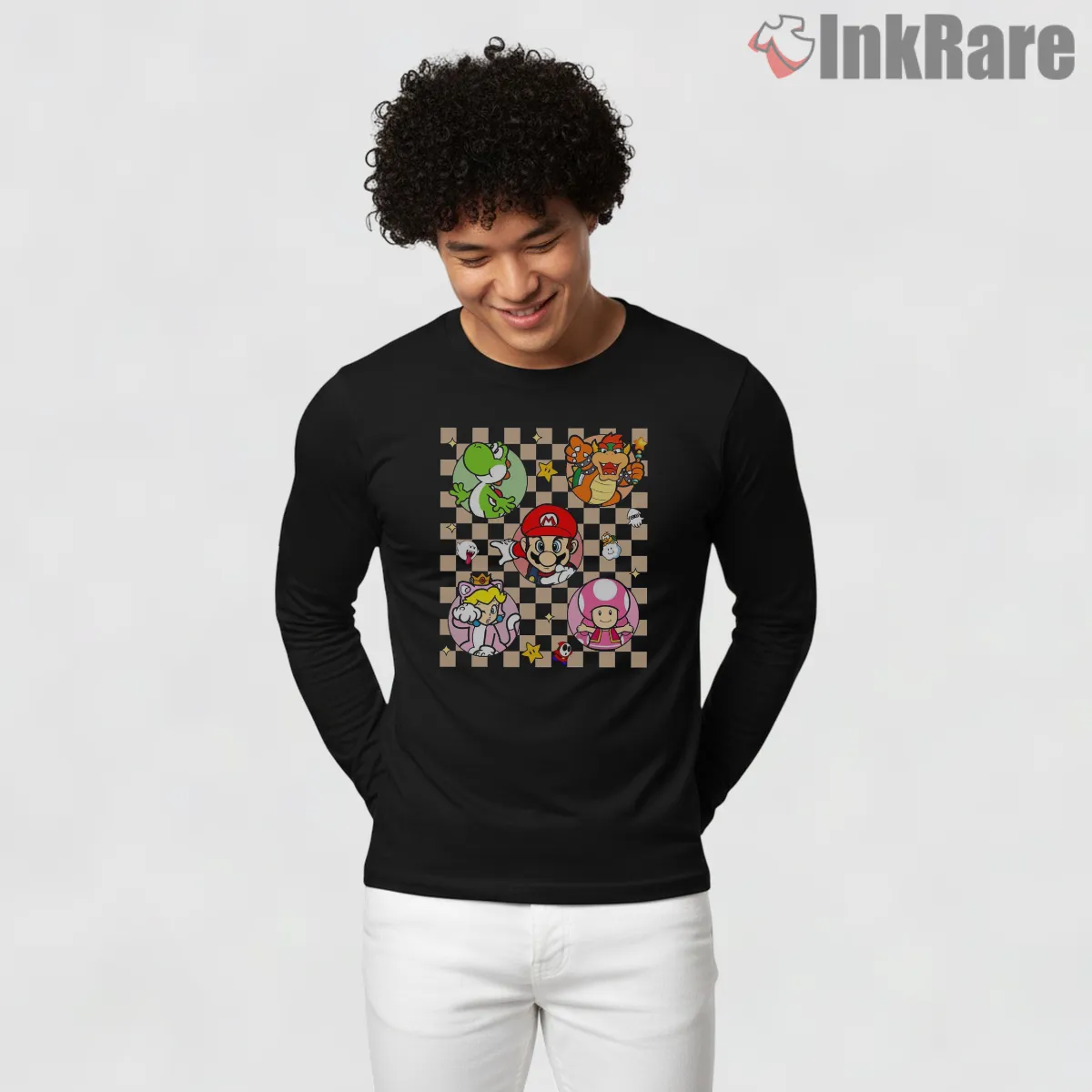 Super Mario Epic Universe Character Grid Retro Long Sleeve Black Super Mario Epic Universe Character Grid Retro Shirt on black long sleeve shirt for men graphic tee