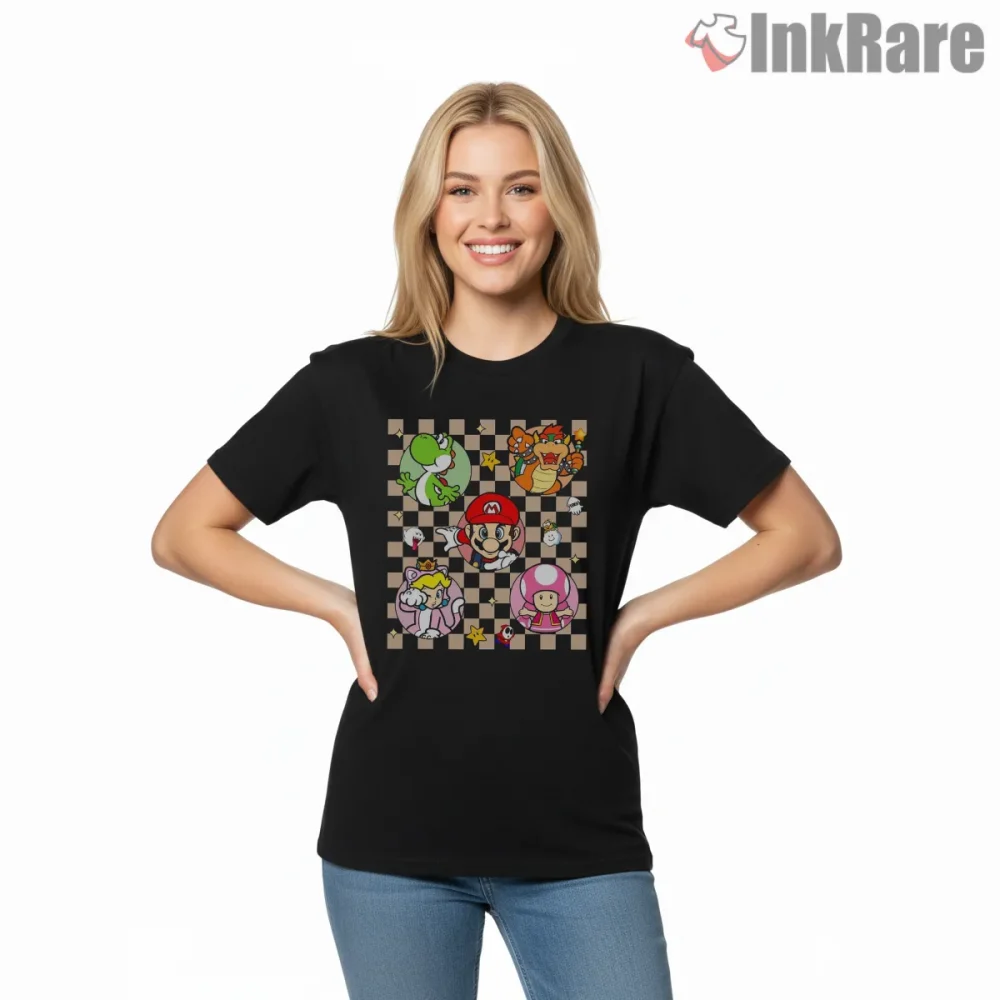 Super Mario Epic Universe Character Grid Retro Shirt on black short sleeve shirt for women graphic tee