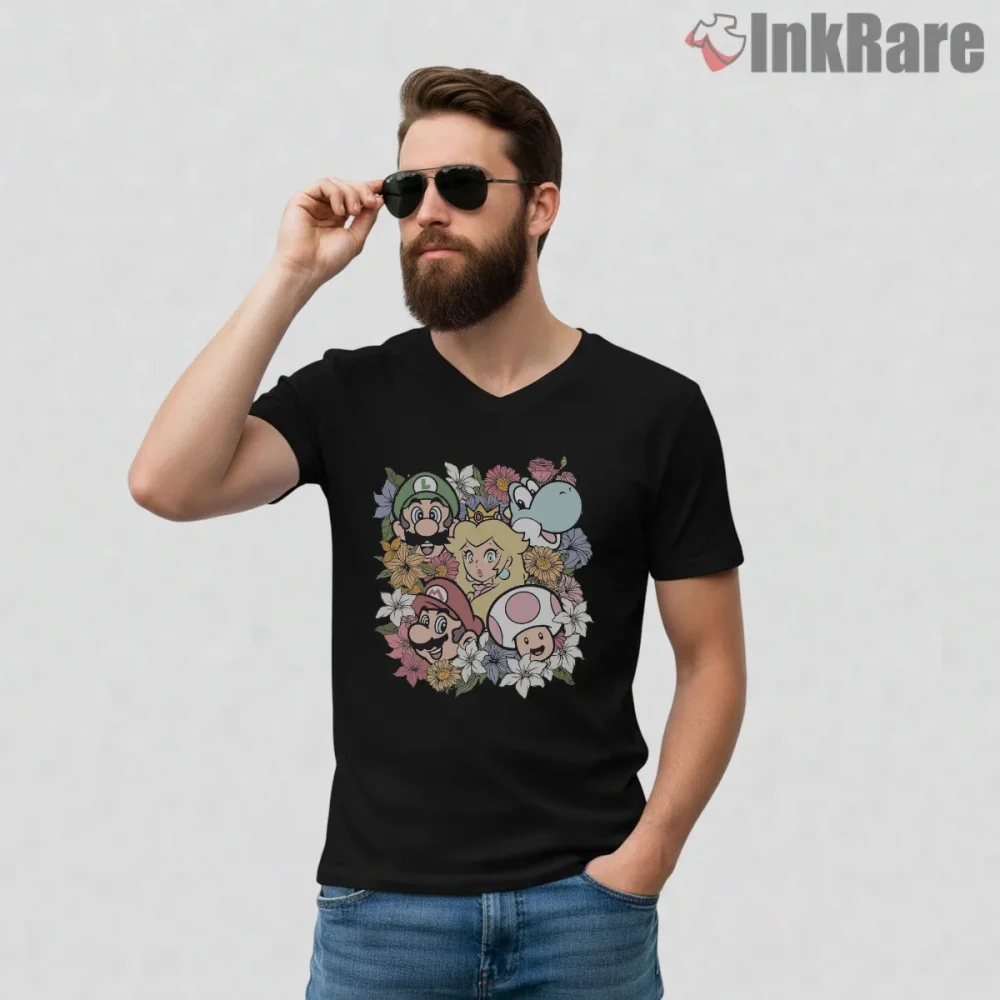Super Mario Floral Character Collage Soft Aesthetic Shirt on black v-neck shirt for men graphic tee