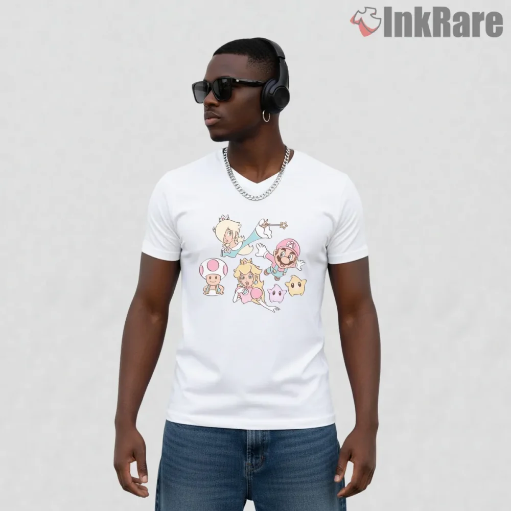 Super Mario Princess And Friends Cute Cartoon Style Shirt on white v-neck shirt for men graphic tee