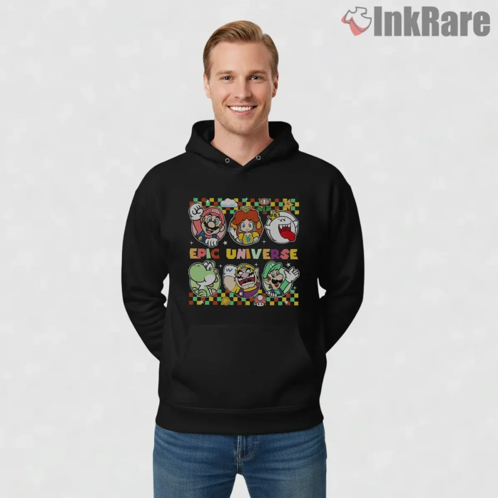 Super Mario Retro Squad Pixel Style Universe Shirt on black hoodie for men graphic tee