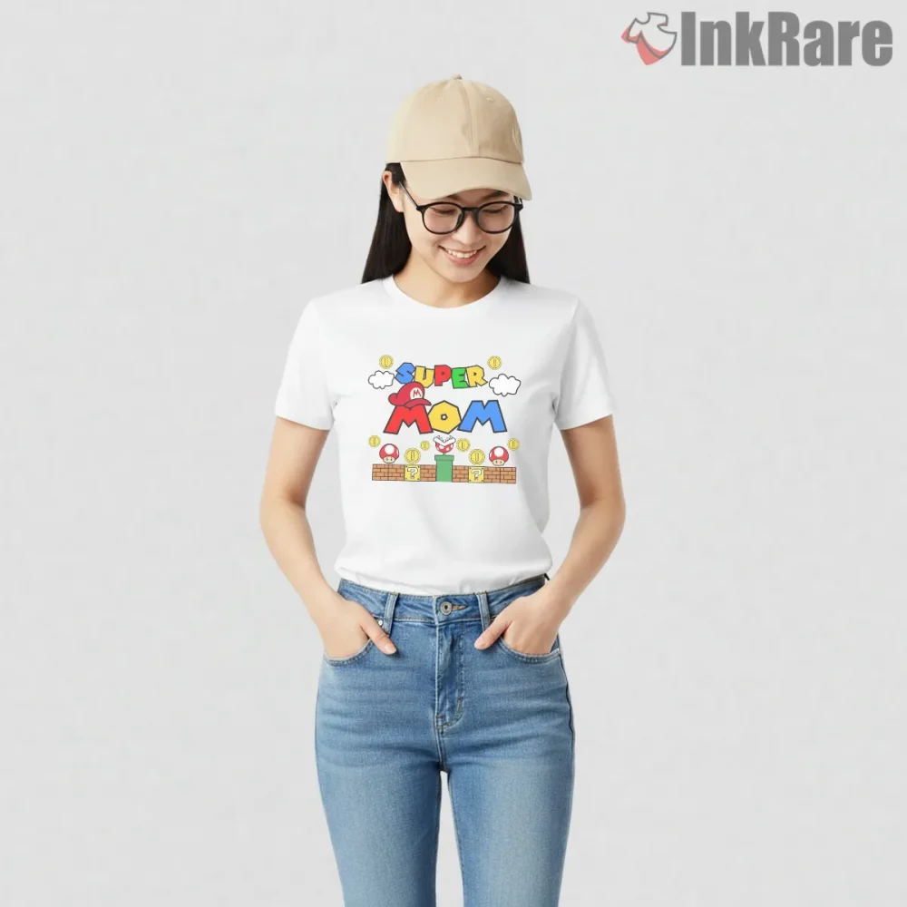 Super Mario Super Mom Typography Family Tribute Shirt on white short sleeve shirt for women graphic tee