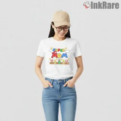 Super Mario Super Mom Typography Family Tribute Shirt on white short sleeve shirt for women graphic tee