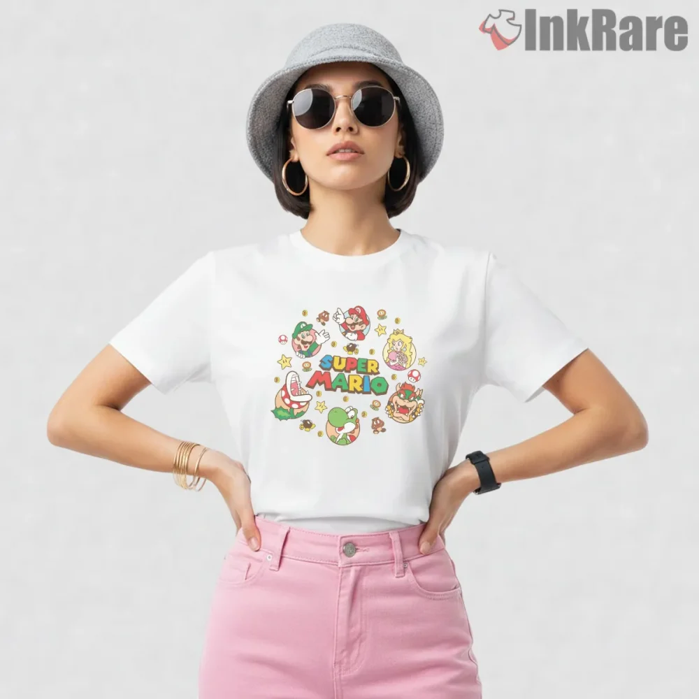 Super Mario Vacation Adventure Kids Cartoon Collage Shirt on white short sleeve shirt for women graphic tee