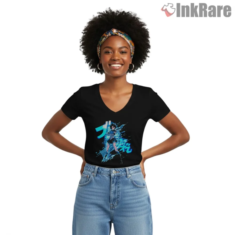 Super Sailor Moon Blue Energy Burst Anime Shirt on black v-neck shirt for women graphic tee