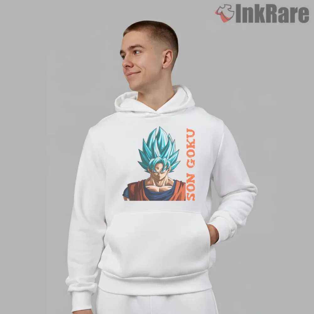 Super Saiyan Blue Son Goku Portrait Power Shirt on white hoodie for men graphic tee