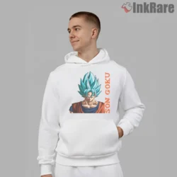 Super Saiyan Blue Son Goku Portrait Power Shirt on white hoodie for men graphic tee