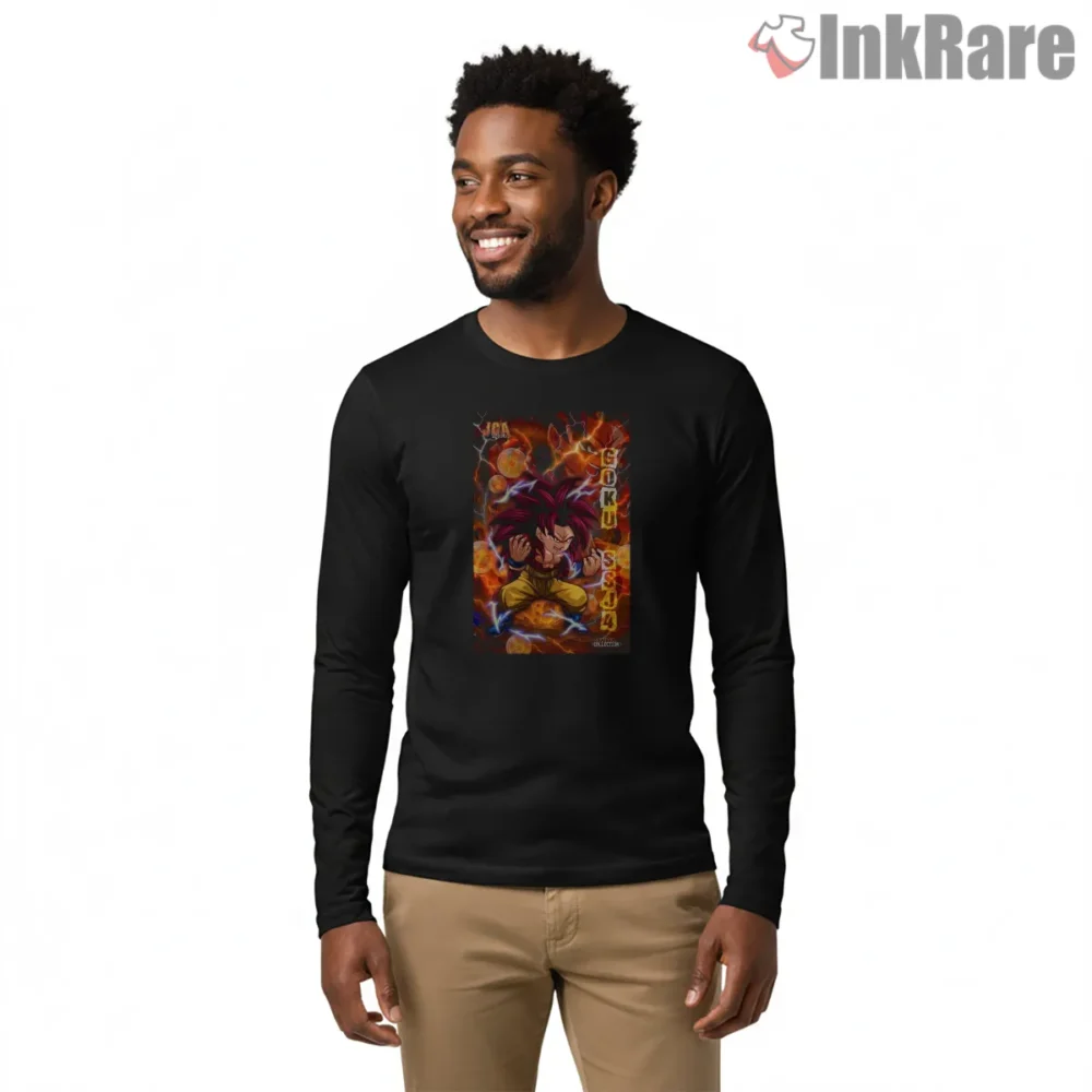 Super Saiyan Four Wild Power Flame Poster Shirt on black long sleeve shirt for men graphic tee
