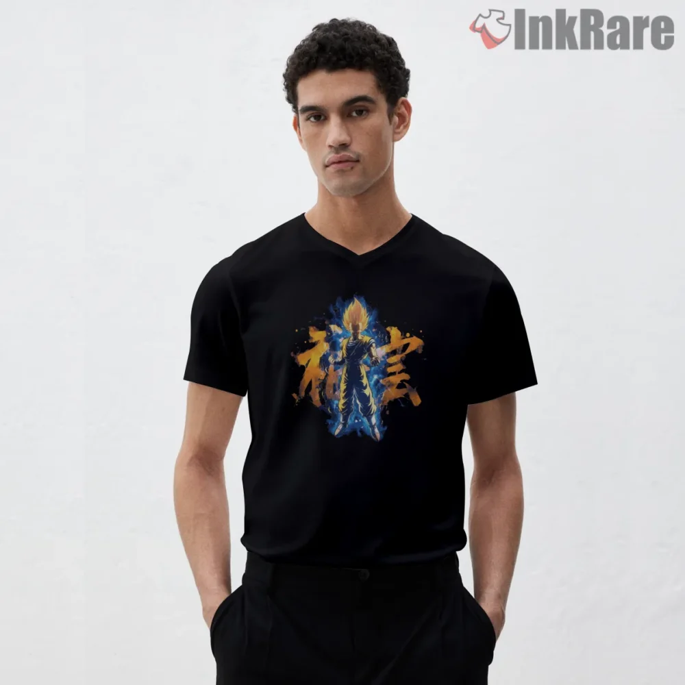 Super Saiyan Goku Blue Gold Aura Shirt on black v-neck shirt for men graphic tee
