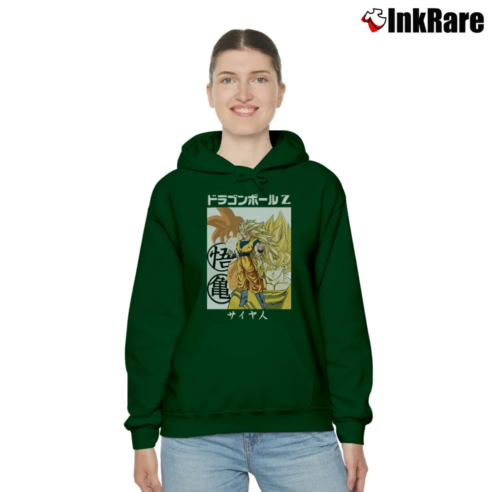 Women’s Super Saiyan Goku Dragon Ball Z Classic Cozy Hoodie in forest green | Warm, Structured, Stylish