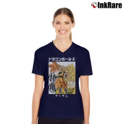 Women’s Super Saiyan Goku Dragon Ball Z Classic V-Neck Tee in navy | Chic Neckline, Soft Texture