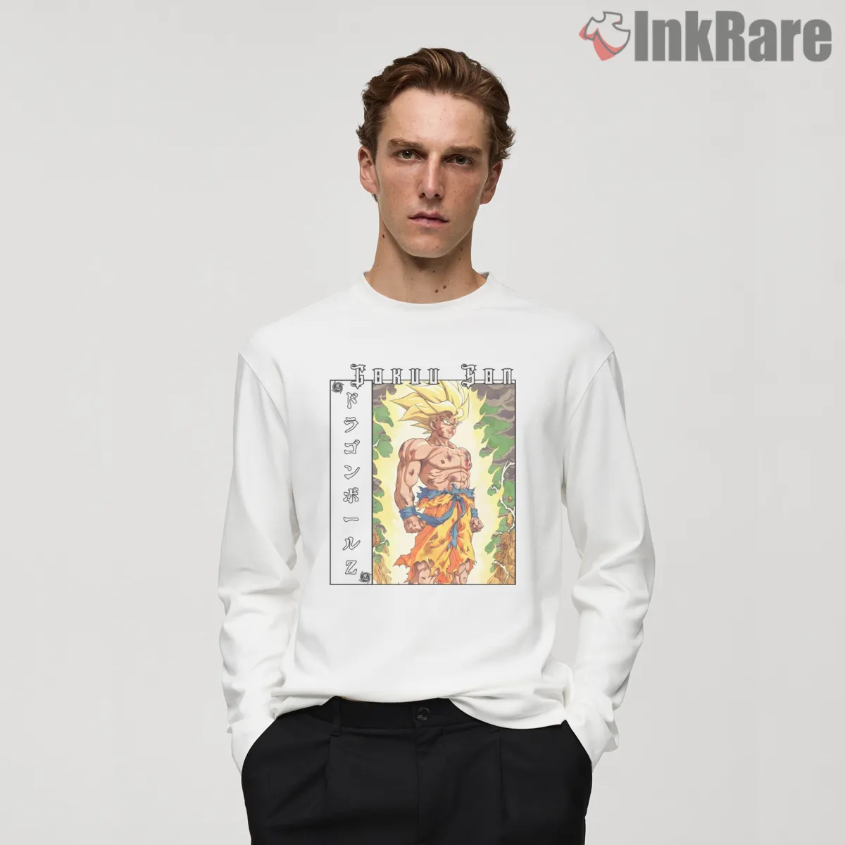 Super Saiyan Goku Fiery Battlefield Warrior Long Sleeve White Super Saiyan Goku Fiery Battlefield Warrior Shirt on white long sleeve shirt for men graphic tee