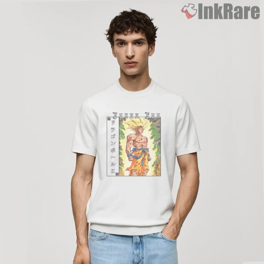 Super Saiyan Goku Fiery Battlefield Warrior Shirt on white short sleeve shirt for men graphic tee