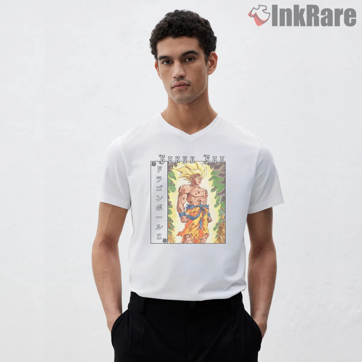 Super Saiyan Goku Fiery Battlefield Warrior V Neck White Super Saiyan Goku Fiery Battlefield Warrior Shirt on white v-neck shirt for men graphic tee