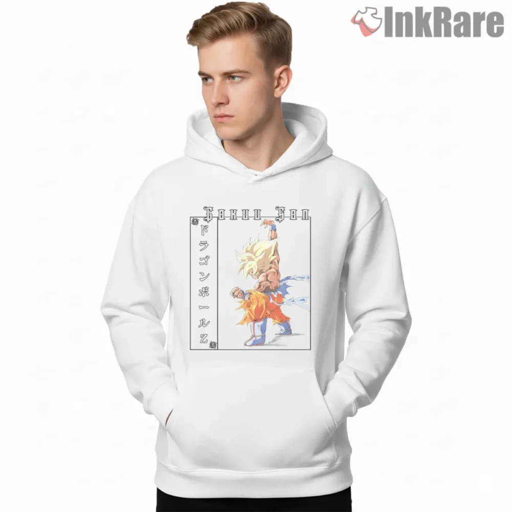 Super Saiyan Goku Martial Warrior Battle Stance Shirt on white hoodie for men graphic tee