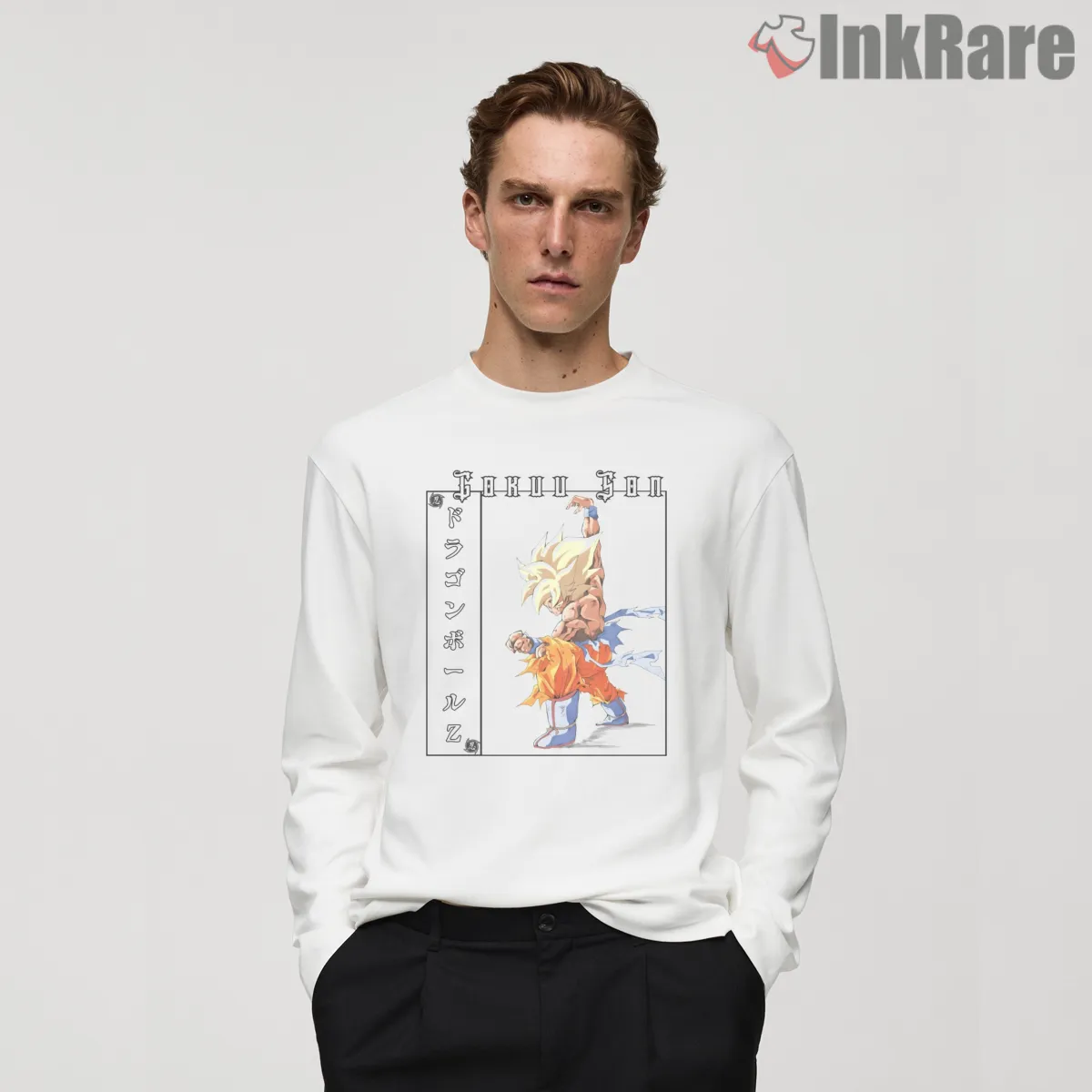 Super Saiyan Goku Martial Warrior Battle Stance Long Sleeve White Super Saiyan Goku Martial Warrior Battle Stance Shirt on white long sleeve shirt for men graphic tee