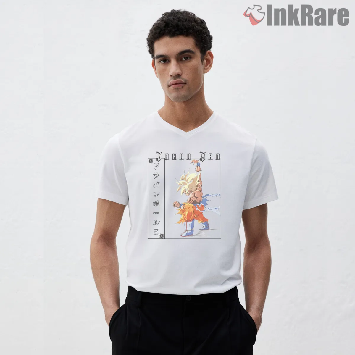 Super Saiyan Goku Martial Warrior Battle Stance V Neck White Super Saiyan Goku Martial Warrior Battle Stance Shirt on white v-neck shirt for men graphic tee