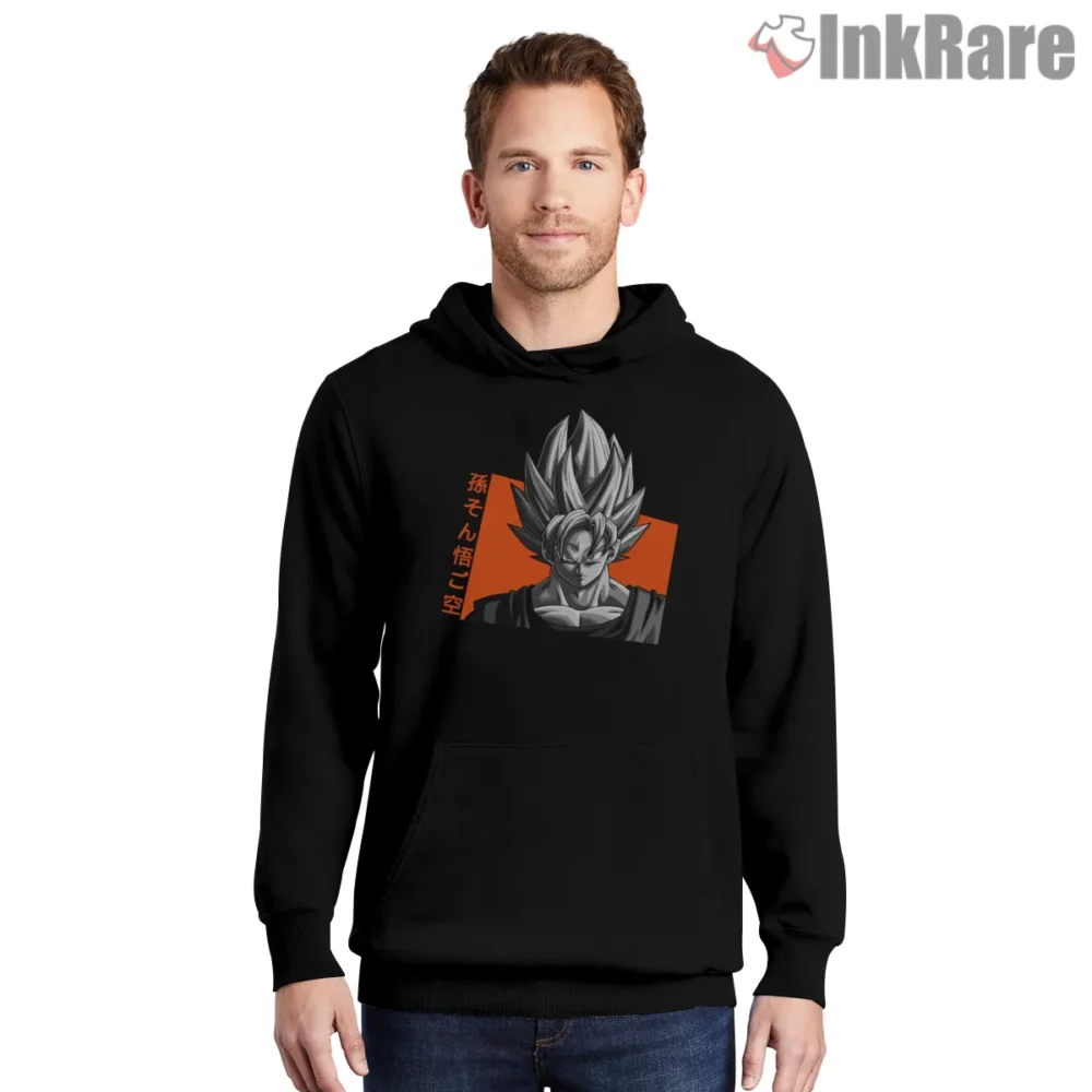 Super Saiyan Goku Monochrome Poster Shirt on black hoodie for men graphic tee