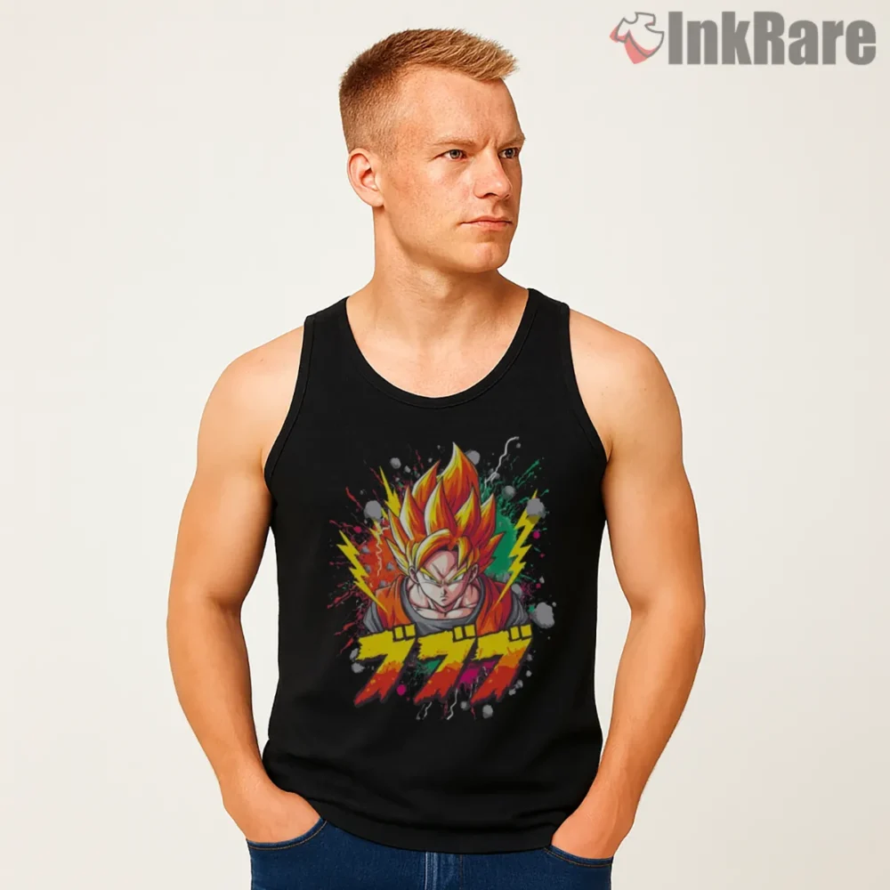 Super Saiyan Goku Neon Graffiti Shirt on black tank top for men graphic tee