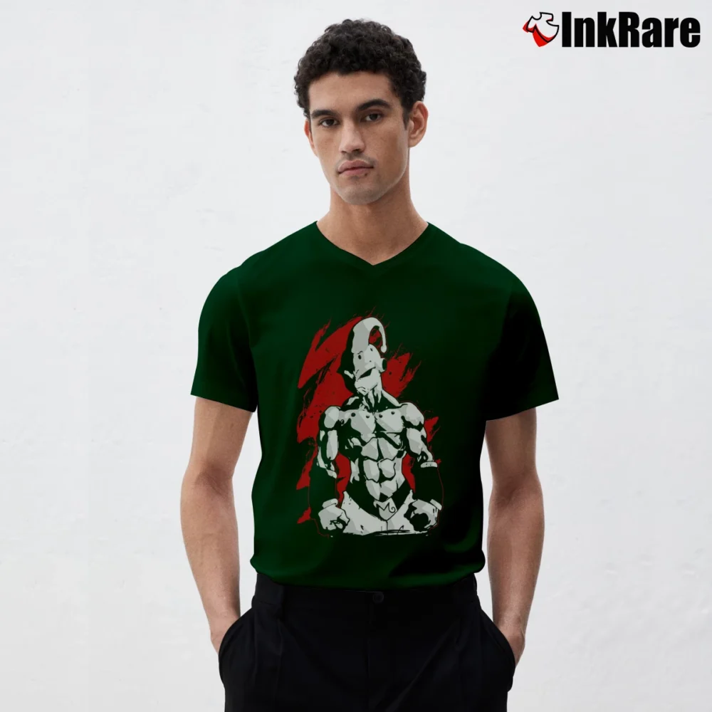 Men’s Super Saiyan Majin Buu Dragon Ball V-Neck Tee in forest green | Sharp, Breathable, Everyday Staple