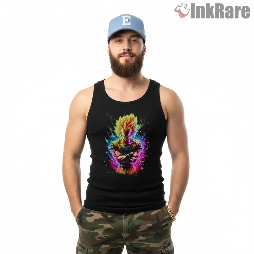 Super Saiyan Rainbow Splash Neon Power Shirt on black tank top for men graphic tee