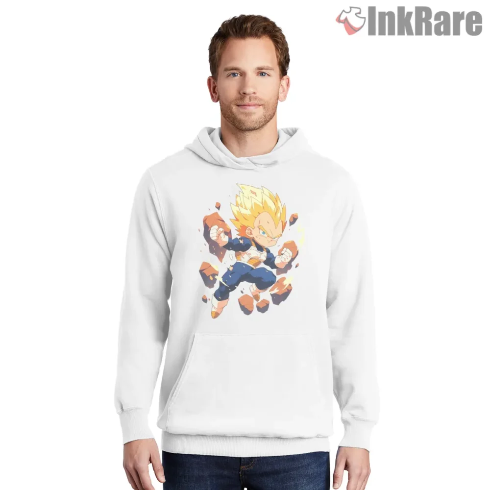 Super Saiyan Vegeta Power Charge Action Shirt on white hoodie for men graphic tee