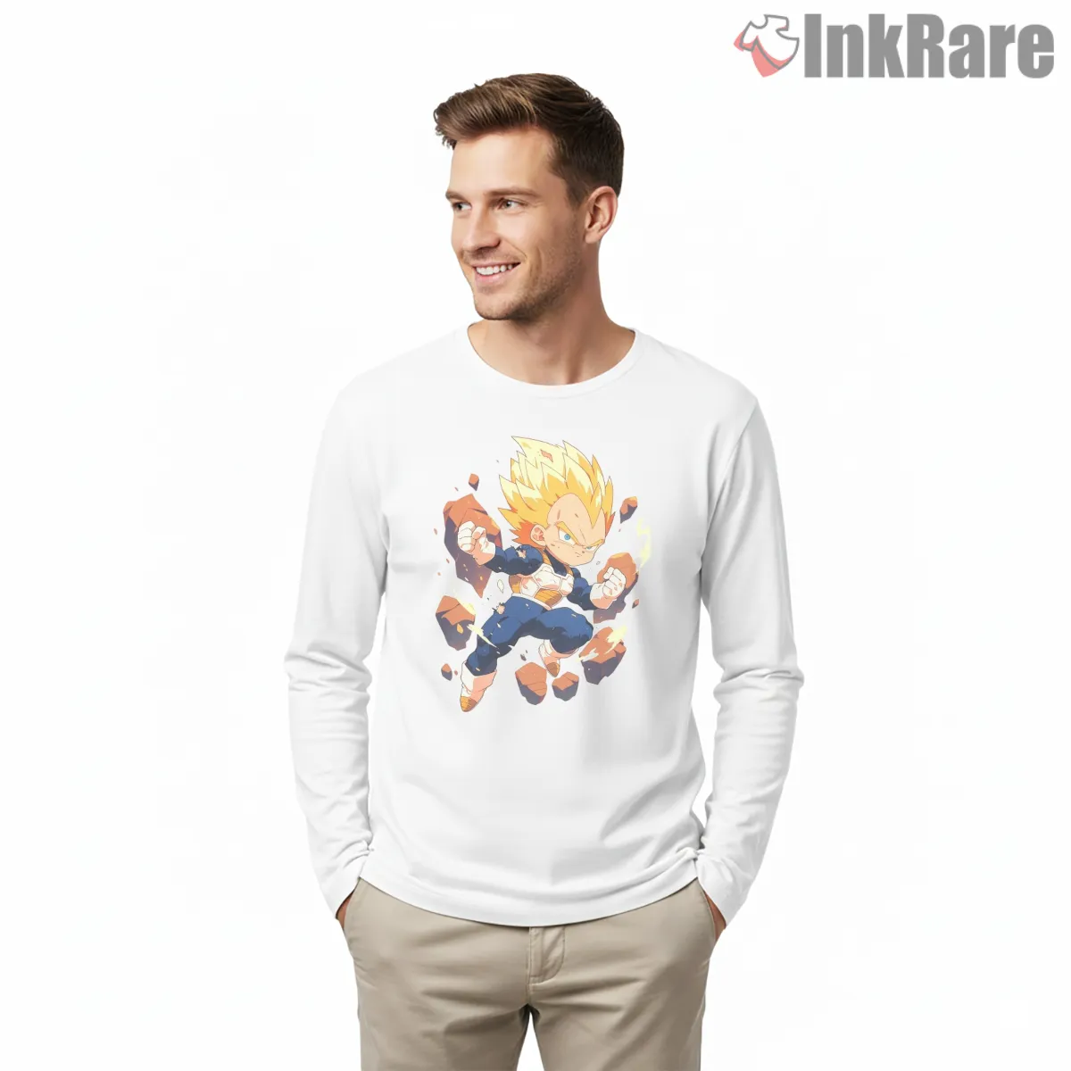 Super Saiyan Vegeta Power Charge Action Long Sleeve White Super Saiyan Vegeta Power Charge Action Shirt on white long sleeve shirt for men graphic tee