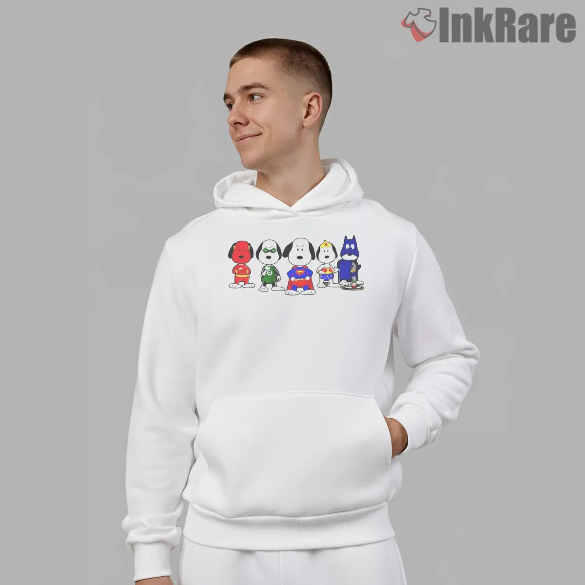 Super Snoopy League Justice Mashup Hoodie White Super Snoopy League Justice Mashup Shirt on white hoodie for men graphic tee