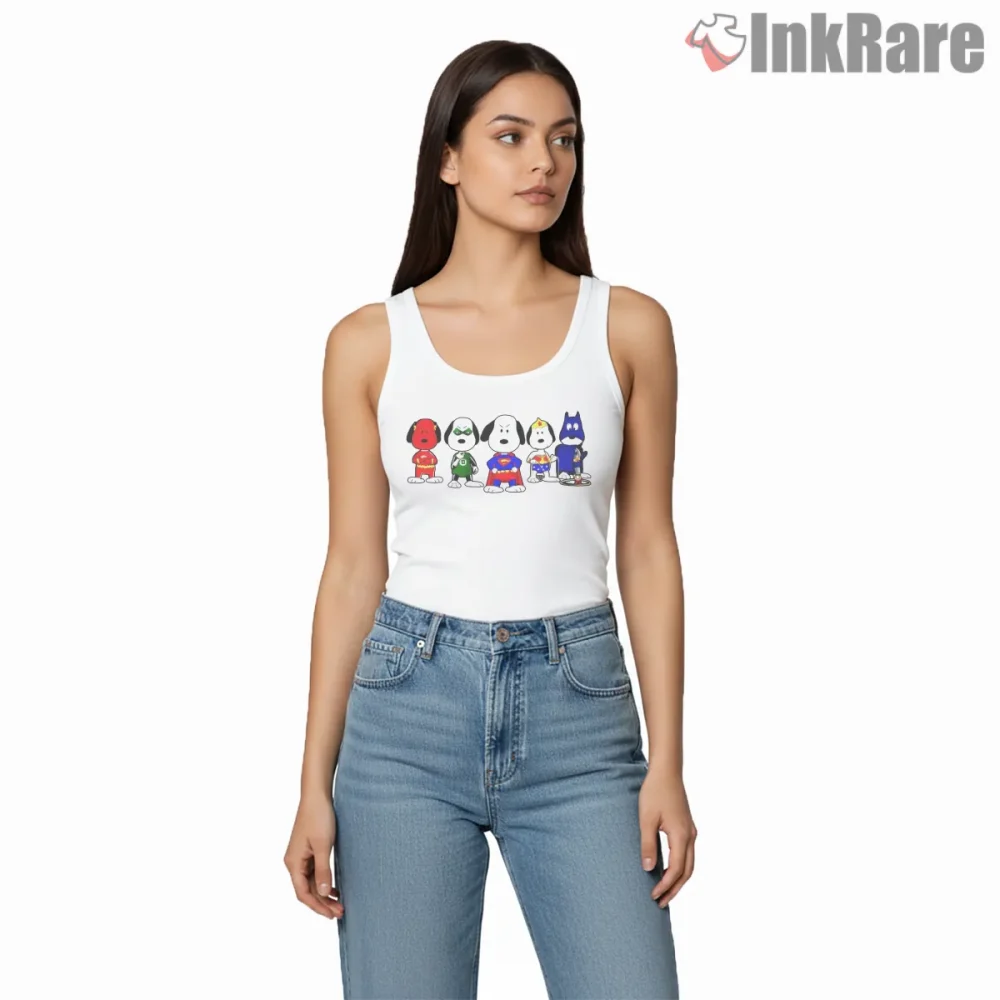 Super Snoopy League Justice Mashup Shirt on white tank top for women graphic tee