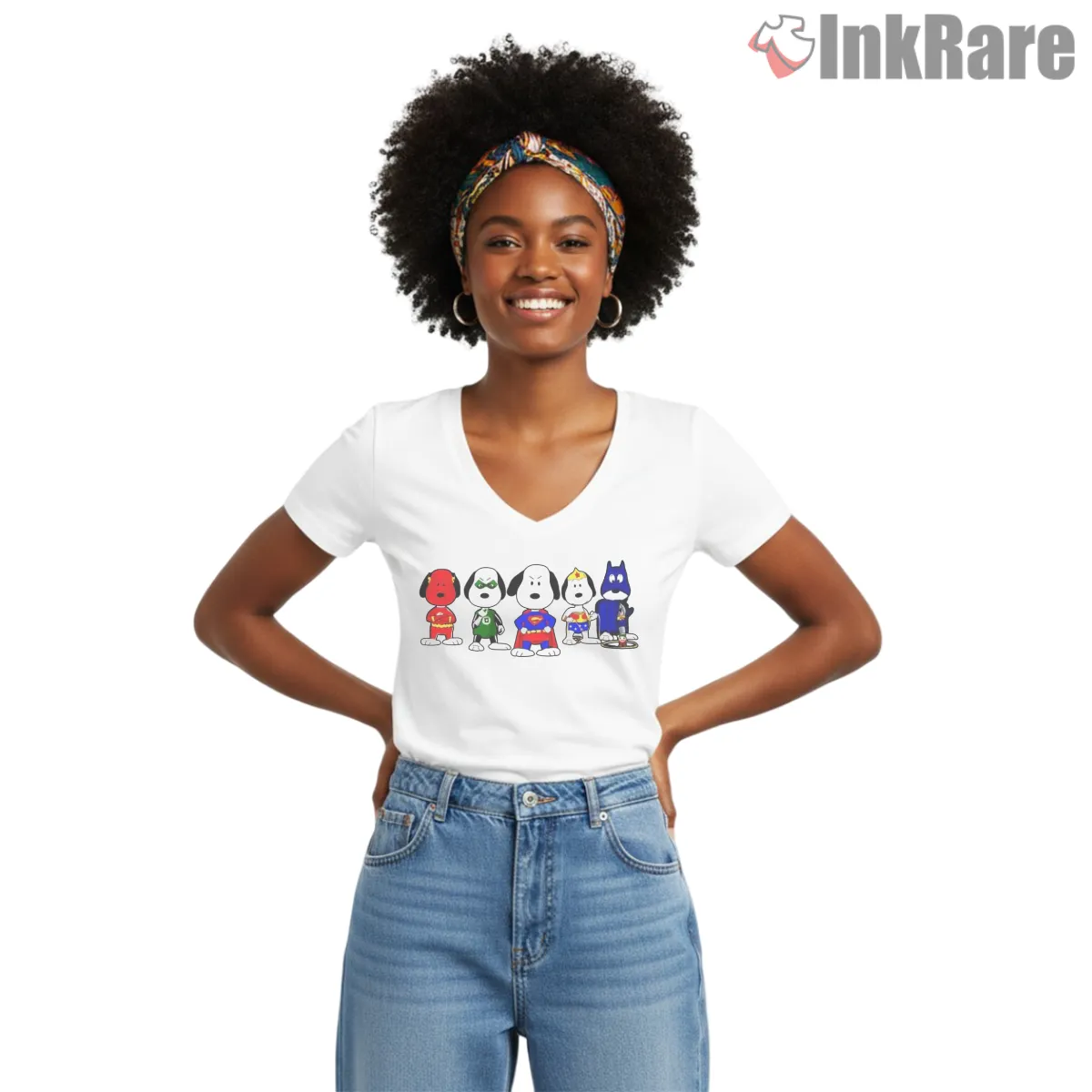 Super Snoopy League Justice Mashup V Neck White Super Snoopy League Justice Mashup Shirt on white v-neck shirt for women graphic tee