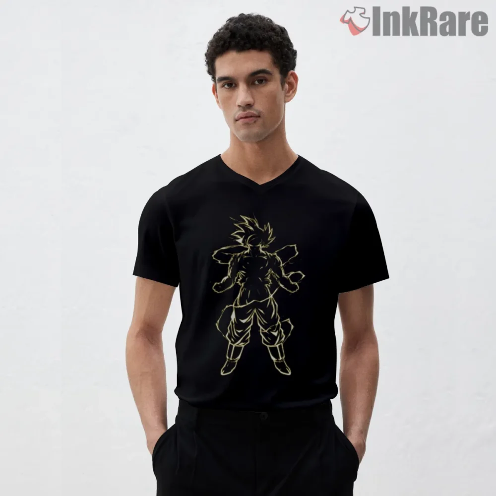 Super Son Goku Golden Line Art Shirt on black v-neck shirt for men graphic tee