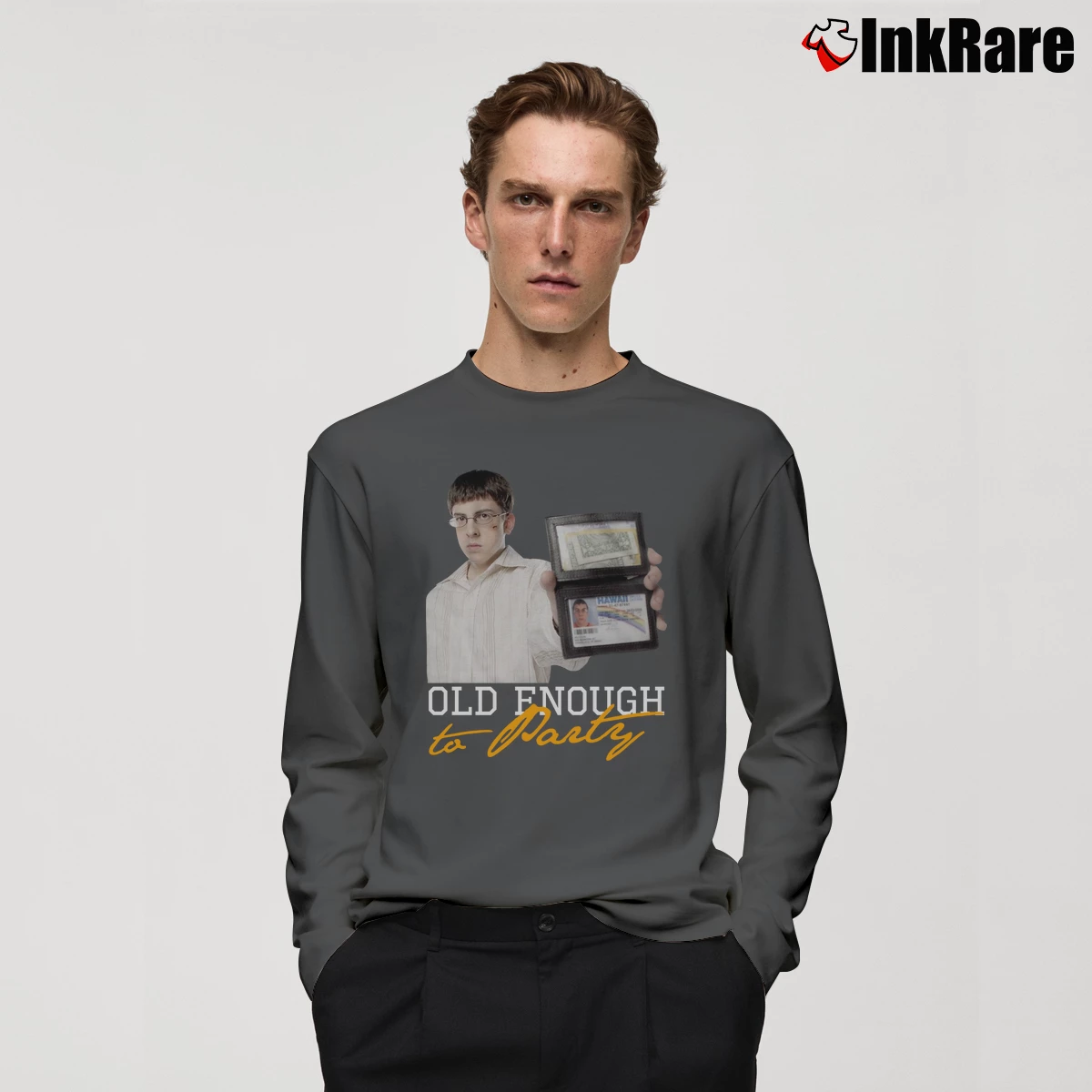 Superbad Mclovin Old Enough To Party Men’s Long-Sleeve Tee in charcoal – Versatile Layering Men’s Superbad Mclovin Old Enough To Party Long-Sleeve Shirt in charcoal | Sleek, Lightweight, Year-Round Wear