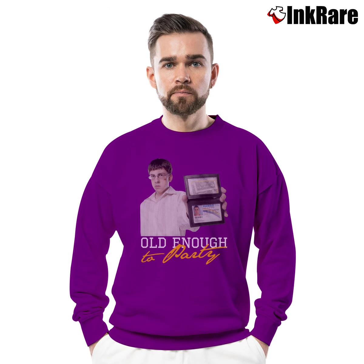 Superbad Mclovin Old Enough To Party Men’s Crewneck Sweatshirt in purple – Soft & Durable Men’s Superbad Mclovin Old Enough To Party Crewneck Sweatshirt in purple | Cozy Fabric, Clean Style